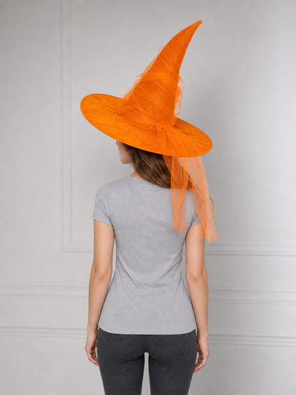 Orange Halloween Witch Hat, Tall Curved Pointed Crown, Wide Floppy Brim, Sheer Mesh Draping, Costume Accessory for Parties
