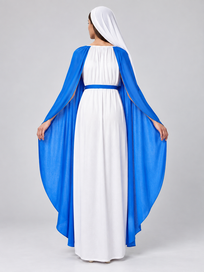 White and Blue Carnival Costume with Long Cape back view