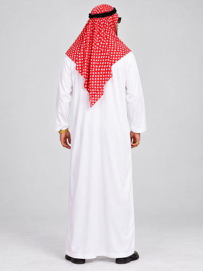 White clothing set with red scarf and chain