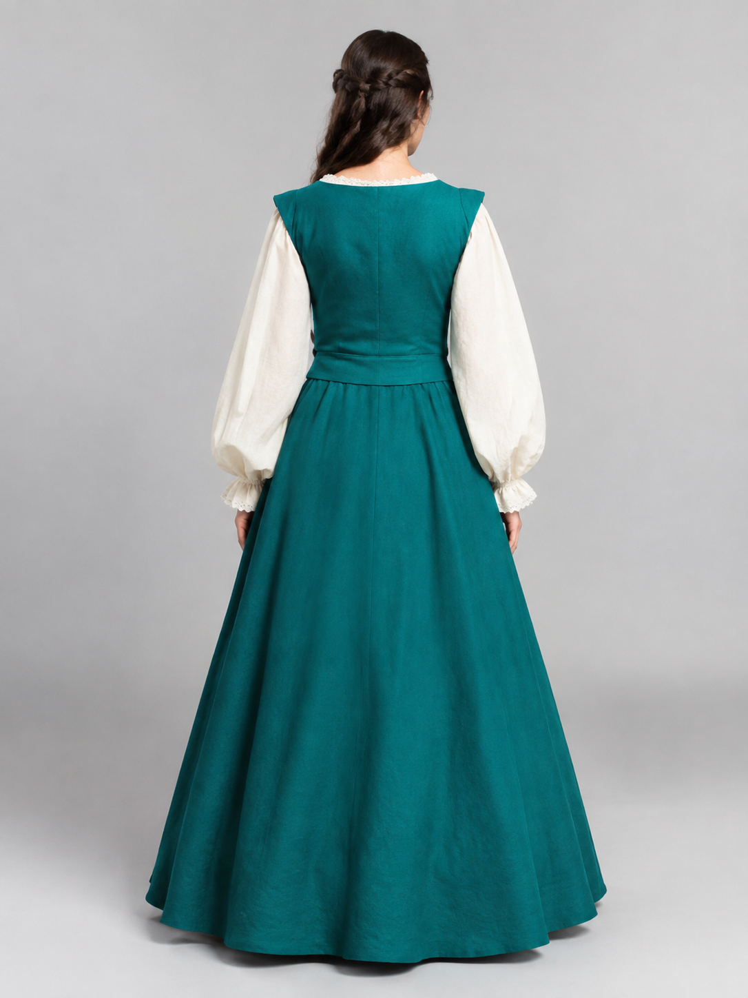 Turquoise Renaissance Dress with Puff Sleeves back view