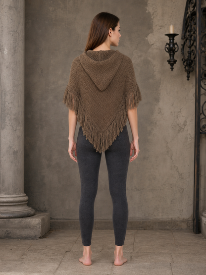 Adult Brown Hooded Triangle Cape with Long Fringe Trim, Diamond Texture, Ring Buckle Belt and Black Lining