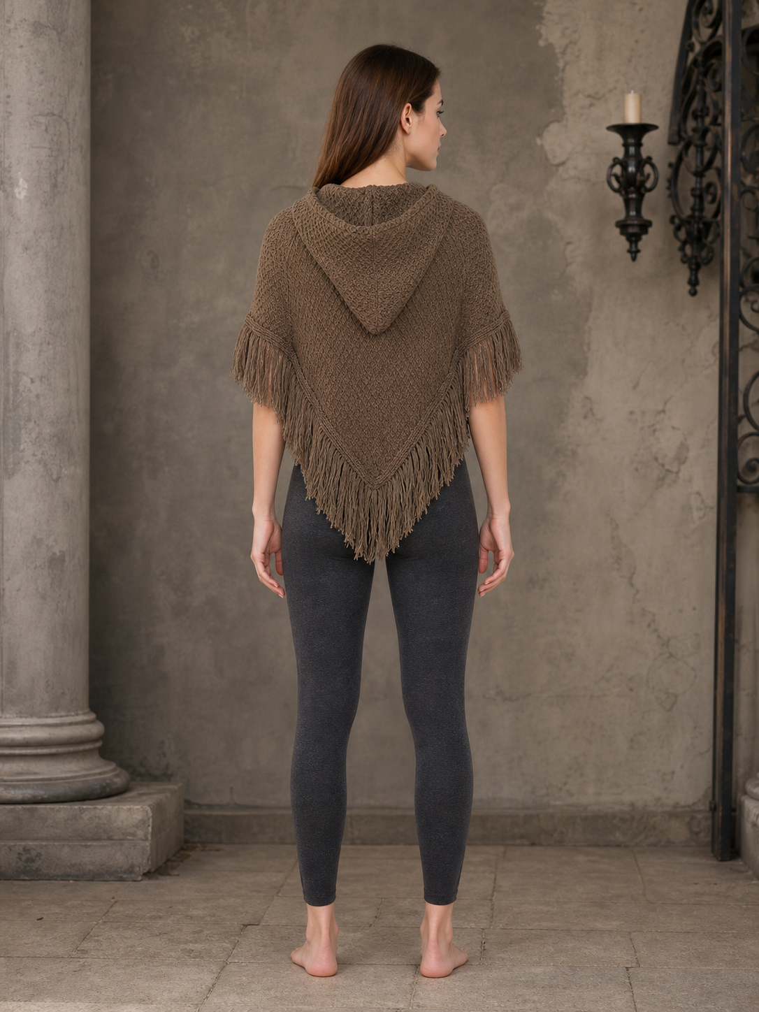 Triangle Hooded Cape with Fringe, Brown
