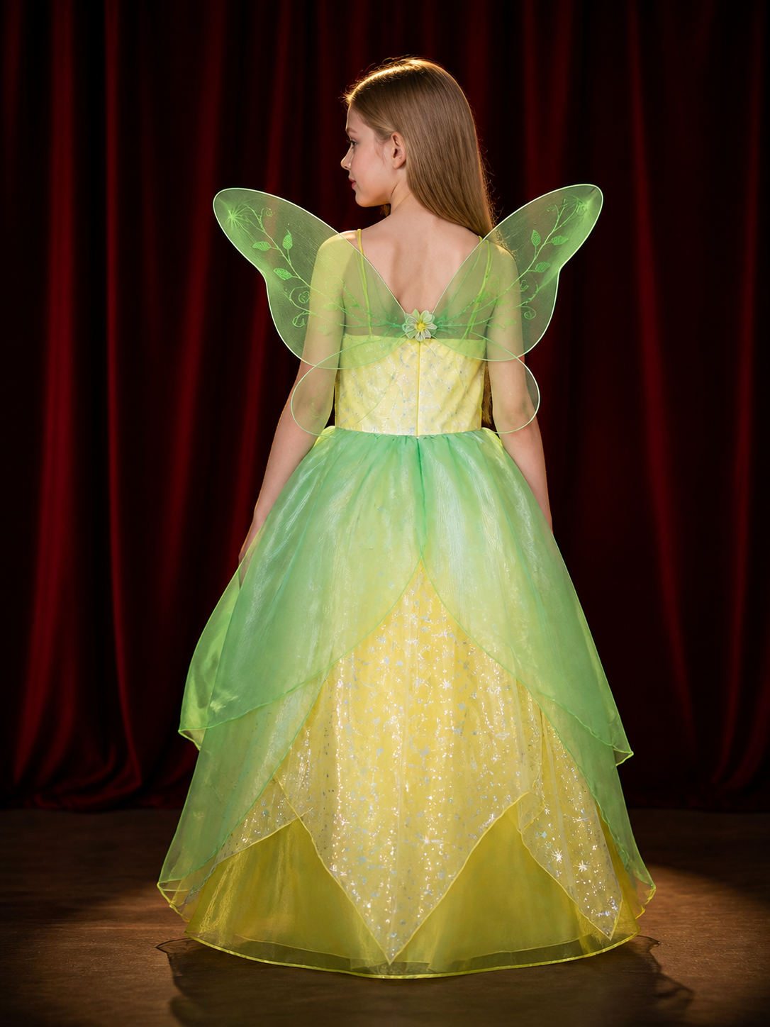 Girls' Princess Dress Costume with Yellow Star Print and Green Layers back view