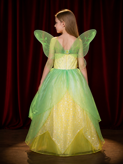 Girls' Princess Dress Costume with Yellow Star Print and Green Layers back view
