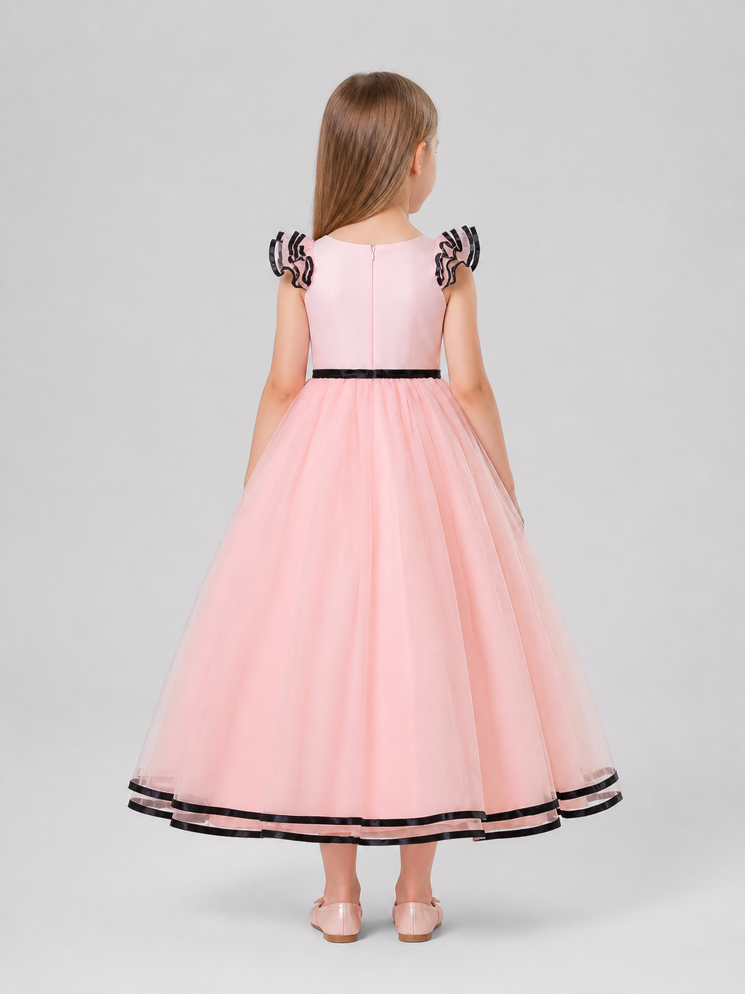 Pink Princess Dress for Girls with Black Trim back view