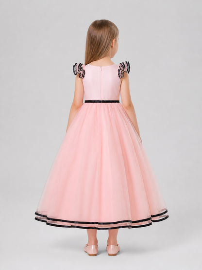 Pink Princess Dress for Girls with Black Trim back view