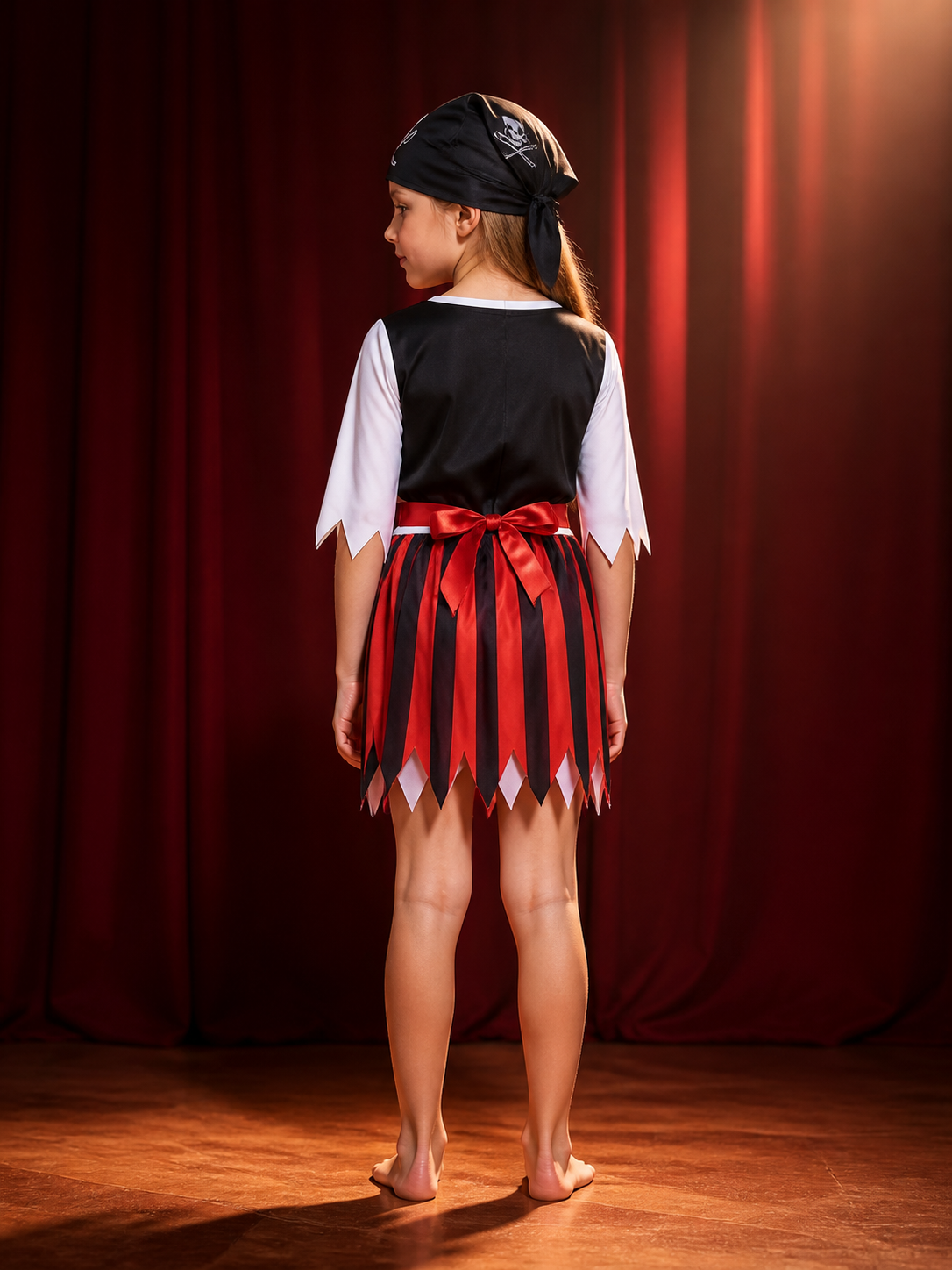 Kids Pirate Costume Set, White Top with Black Vest and Red Black Striped Skirt back view