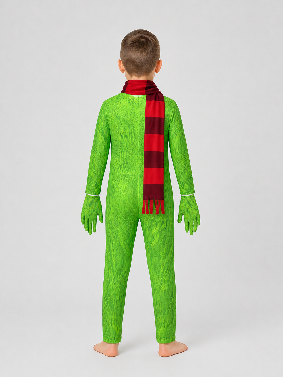 Grinch Carnival Costume: Green Jumpsuit with Scarf back view