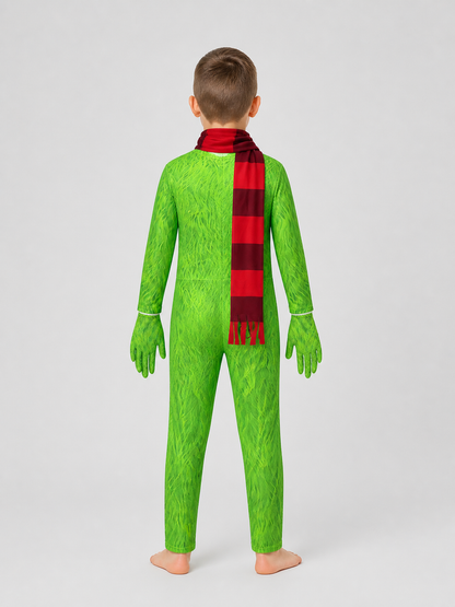 Grinch Carnival Costume: Green Jumpsuit with Scarf back view