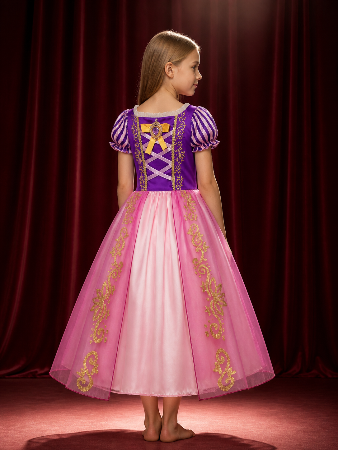 Girls Princess Costume Dress With Purple Bodice And Puffy Pink Skirt - Halloween back view