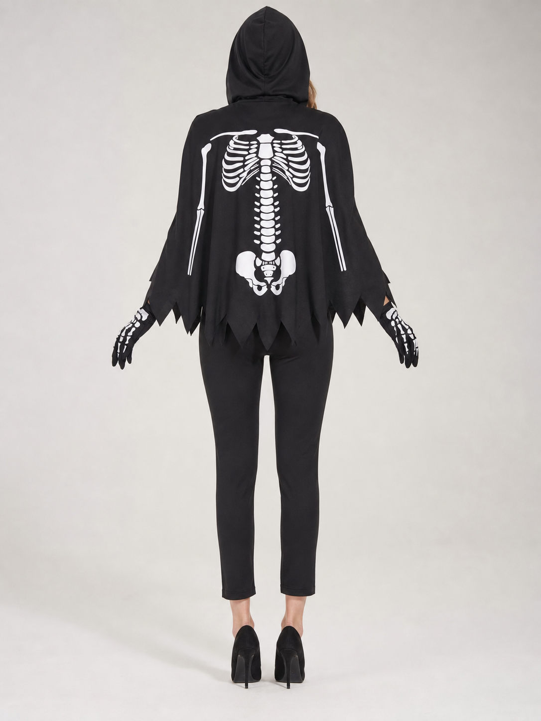 Hooded Cloak Costume with White Skeleton Print for Cosplay