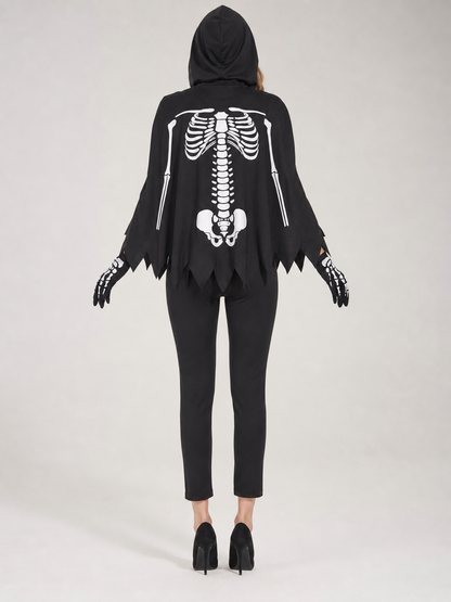 Hooded Cloak Costume with White Skeleton Print for Cosplay