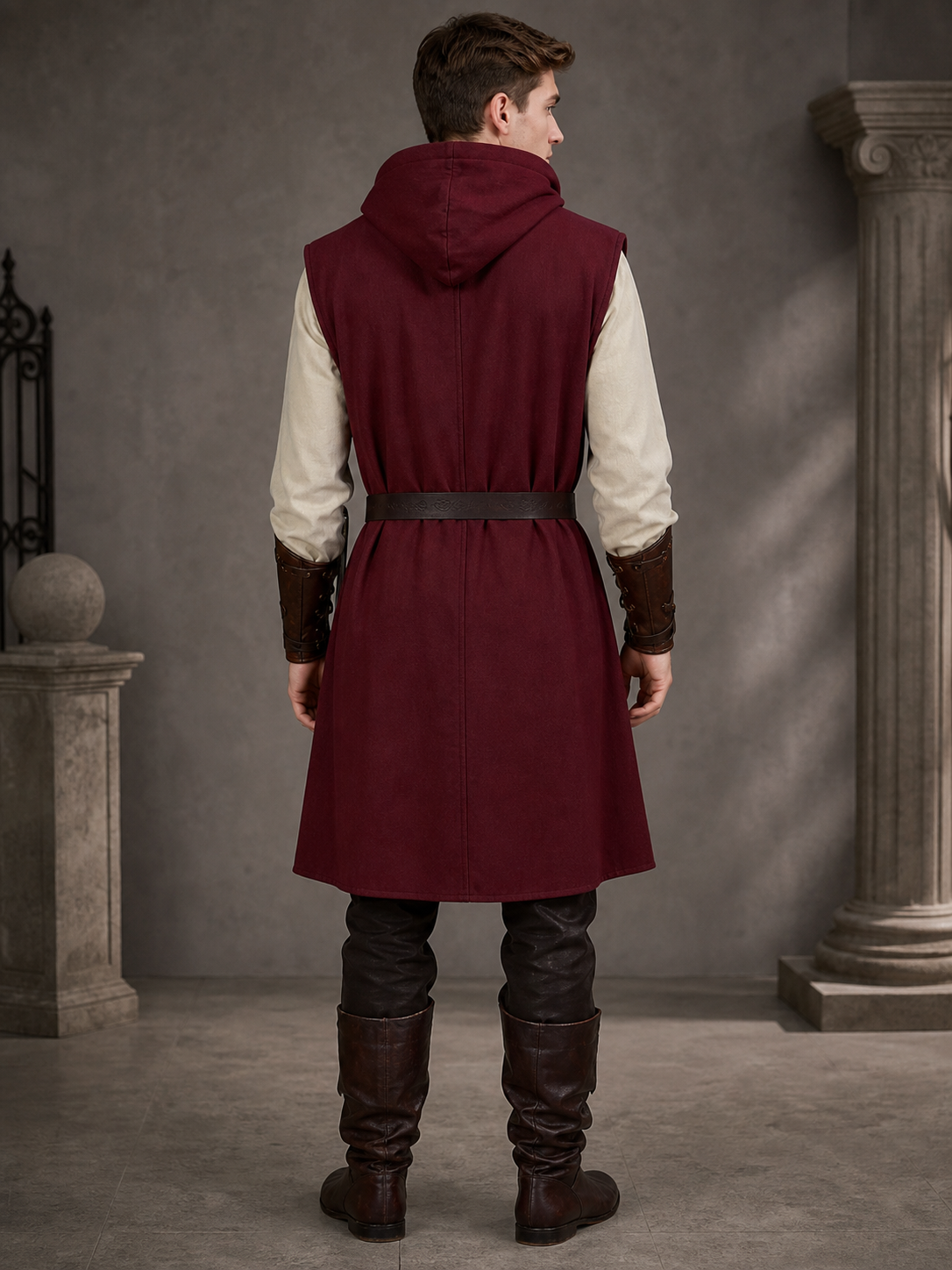 Adult Medieval Fantasy Hooded Cape, Wine Red Sleeveless Long Split-Hem Cloak back view 3