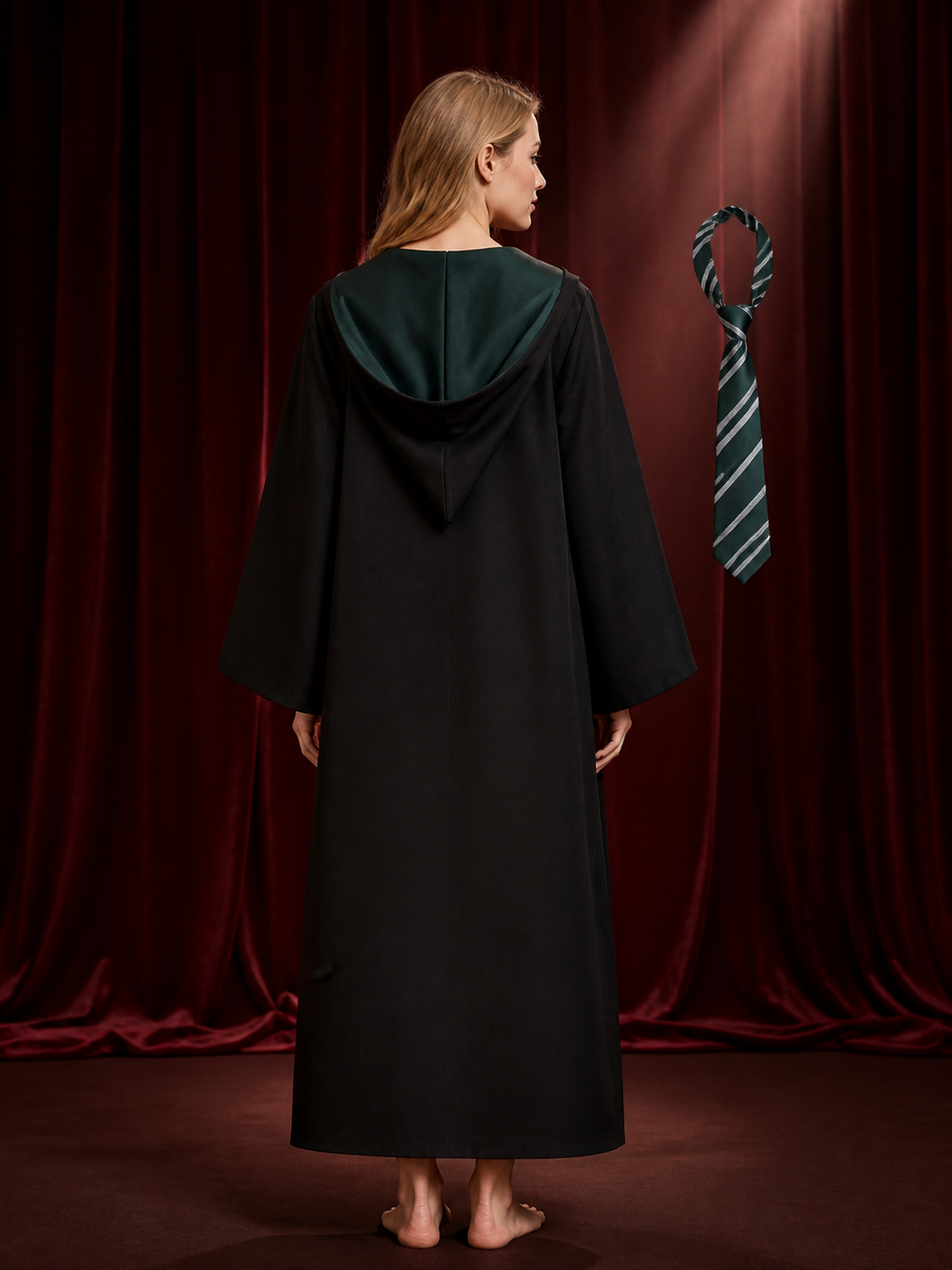 Wizard Robe Costume Set with Striped Tie, Long Black and Green Halloween Cosplay back view
