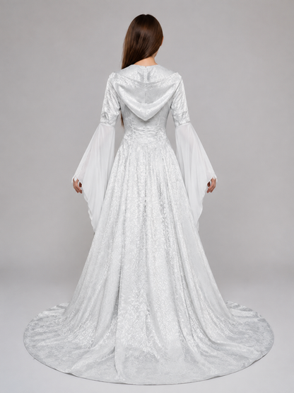 White Medieval Hooded Dress for Cosplay back view
