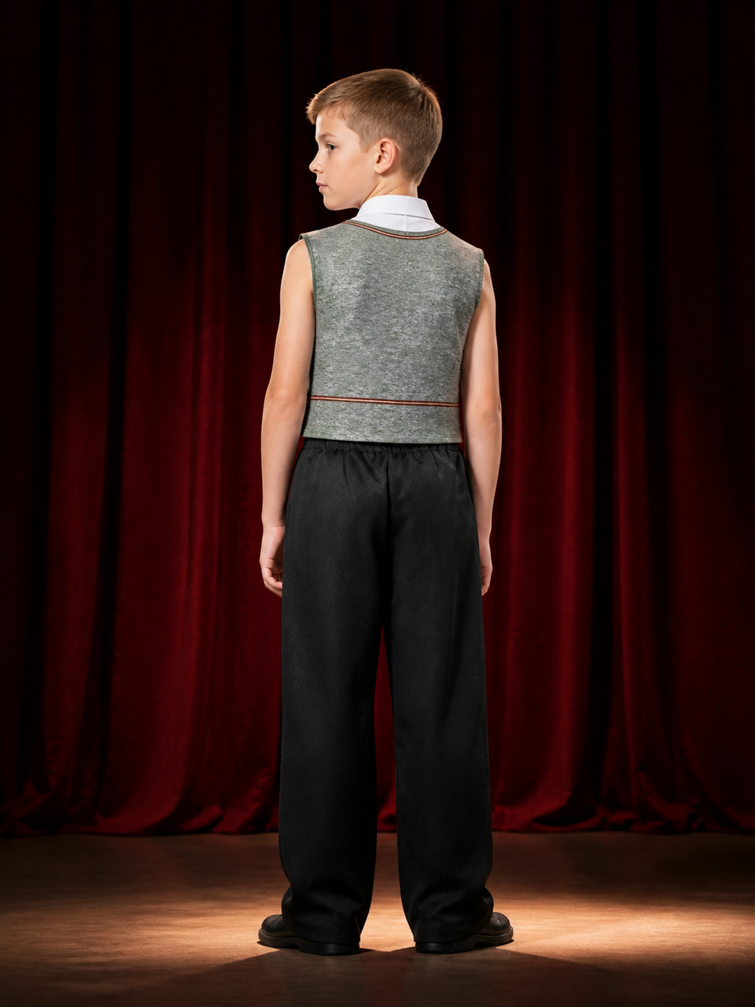 Children's Wizard Costume Set with Gray Sleeveless Top, Black Pants and Red-Gold back view