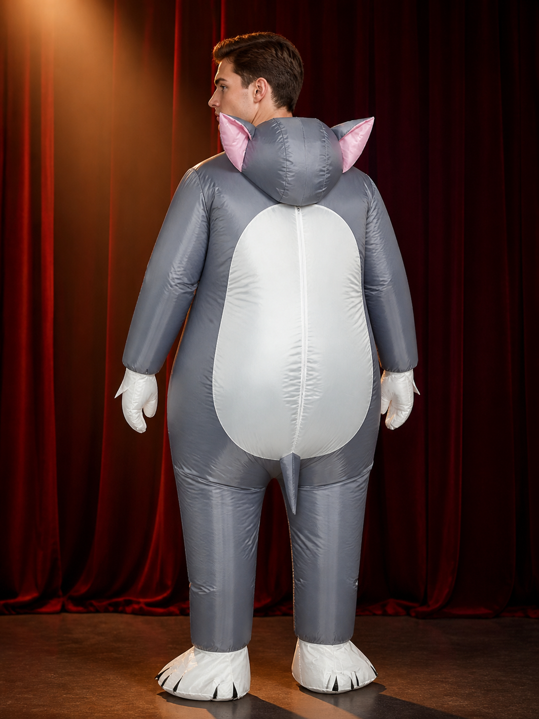 Unisex Cartoon Cat Inflatable Costume for Halloween, Grey Padded Animal Suit back view
