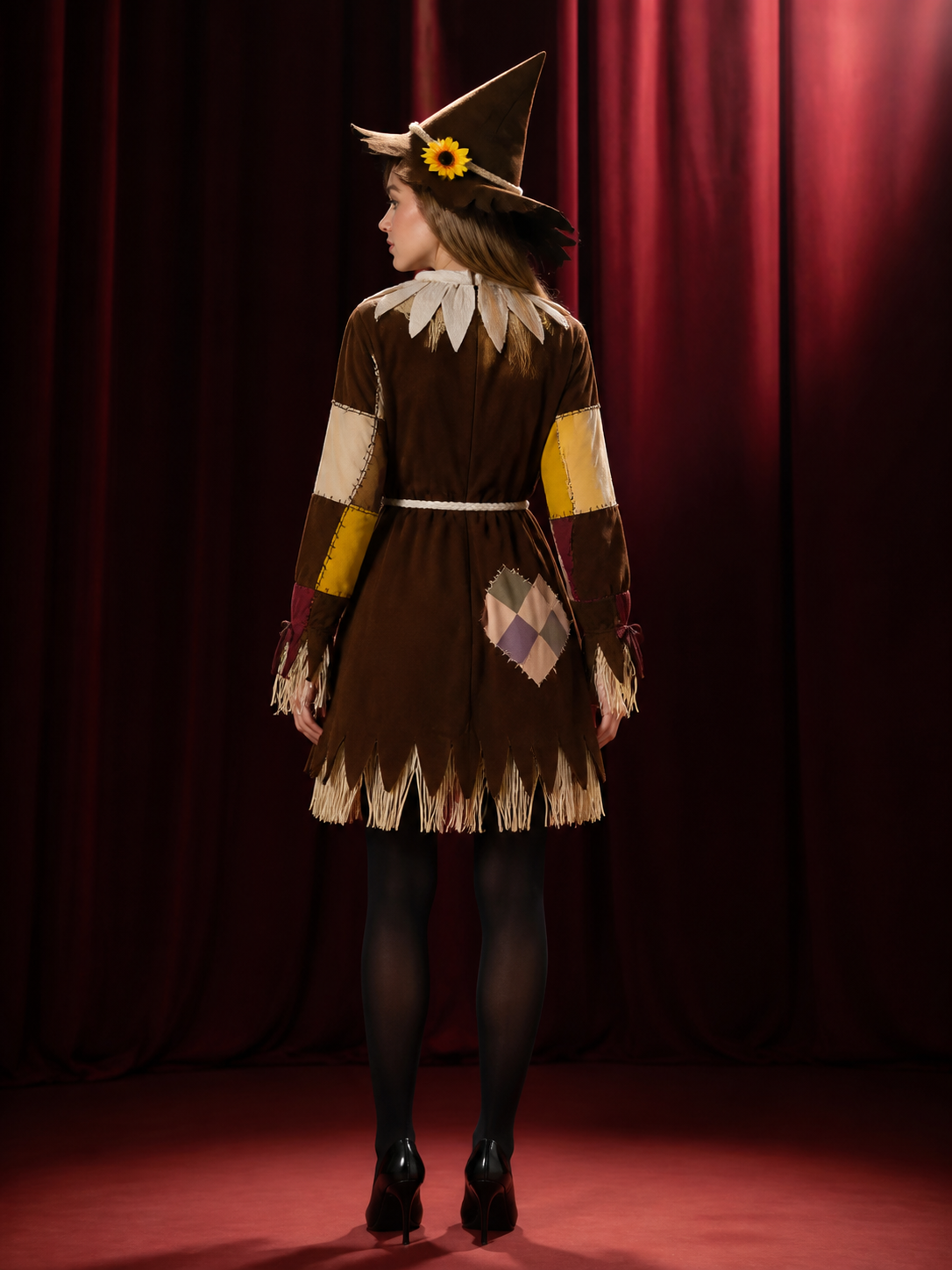 Witch Costume Set, Long Sleeve Patchwork Outfit with Fringed Details, Pointed back view