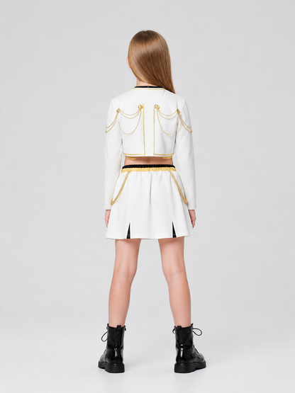 Children’s stage costume, white, black, and gold, 3 pieces back view