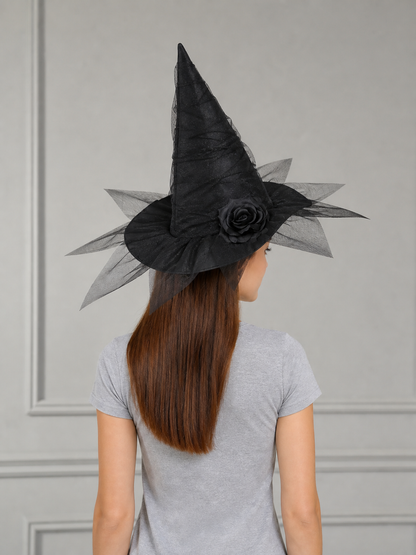 Black Halloween Witch Hat with Black Rose, Tall Pointed Wide Brim Mesh Costume Hat for Gothic Parties and Decorations