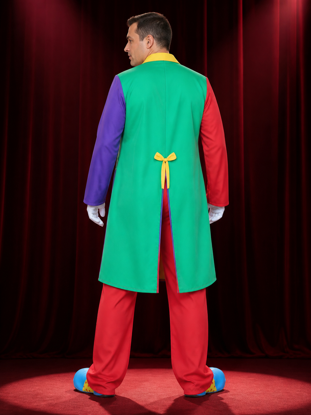 Unisex Halloween Clown Costume Set with Multi-Color Patchwork Robe, Vest, and back view
