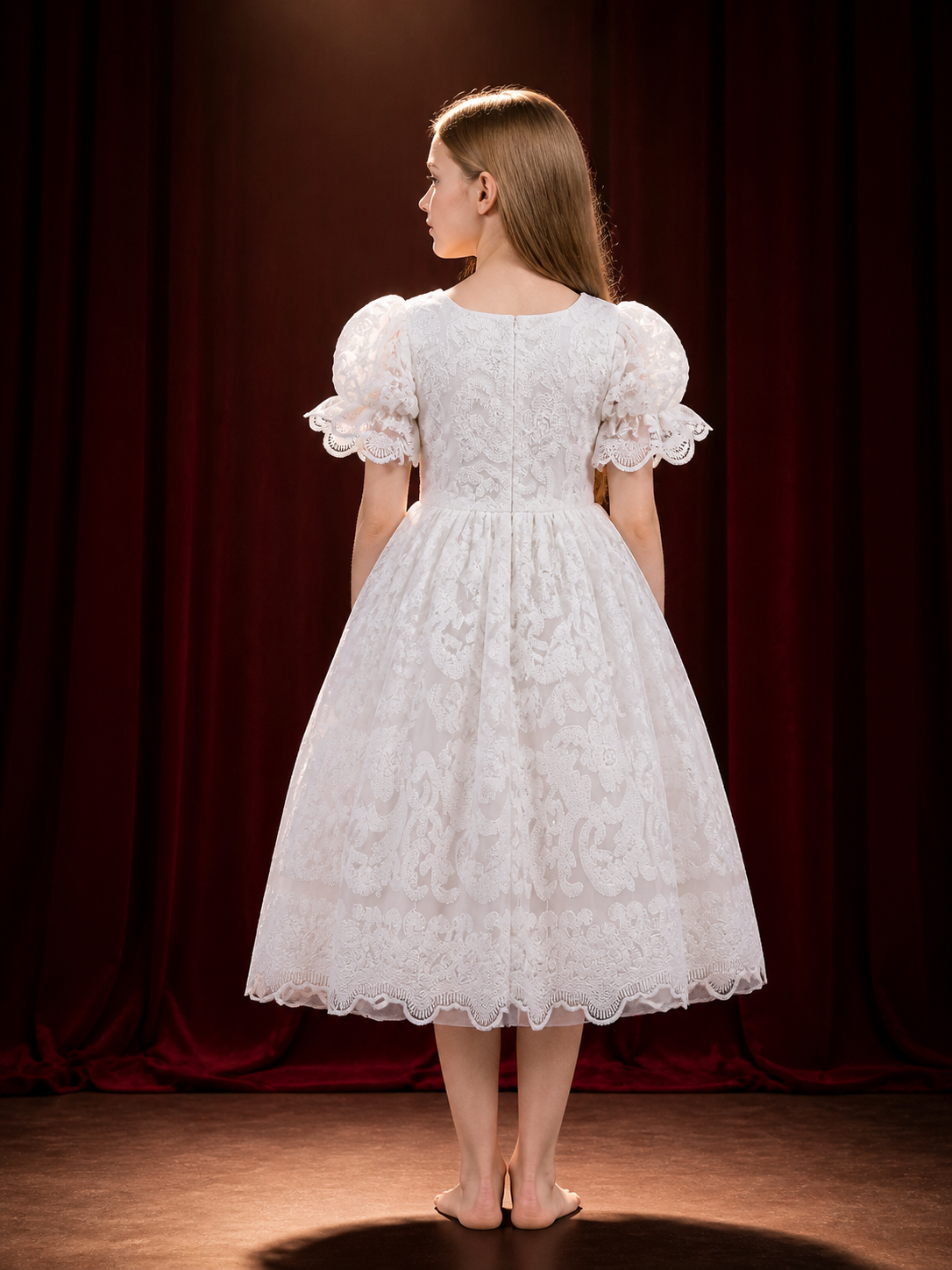 Girls' White Lace Embroidered Princess Dress, Puff Sleeve Short Tutu Outfit back view