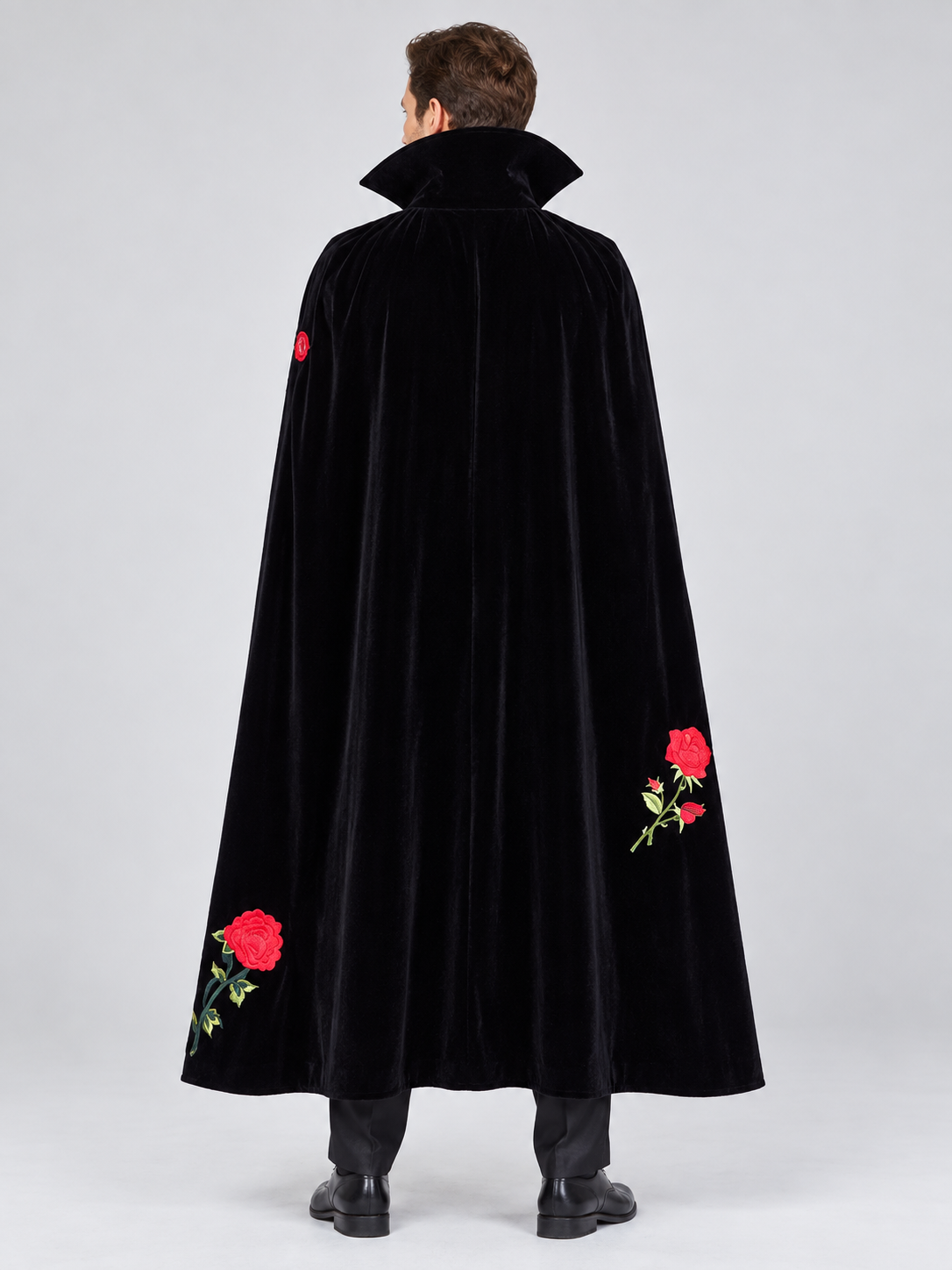 Vampire Costume with Long Cape and Red Roses back view