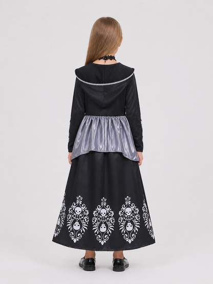 Children's Halloween Dress Costume with Hood and Skeleton back view