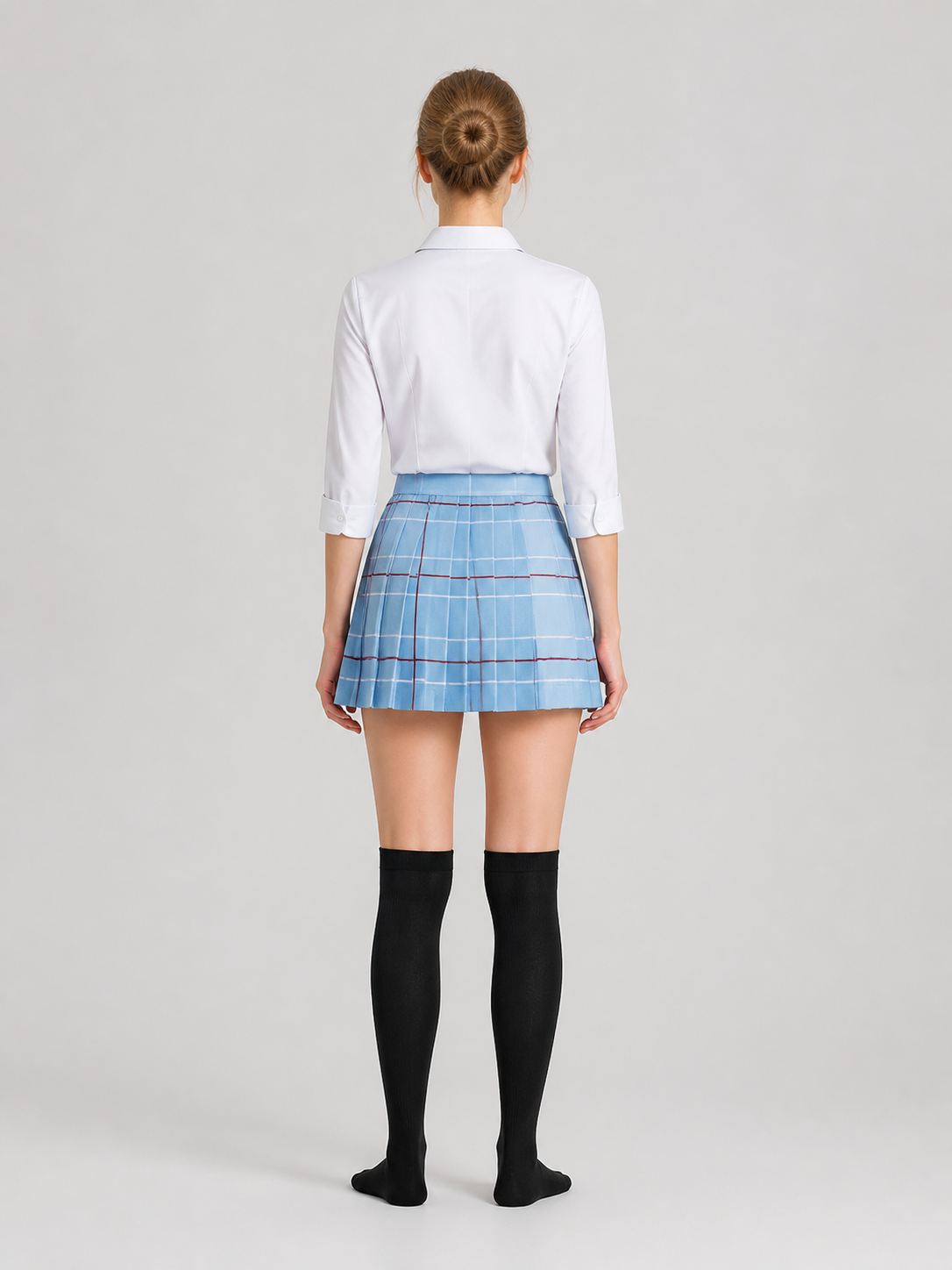 School Uniform: Shirt, Tie, Pleated Skirt, and Knee-High Socks back view