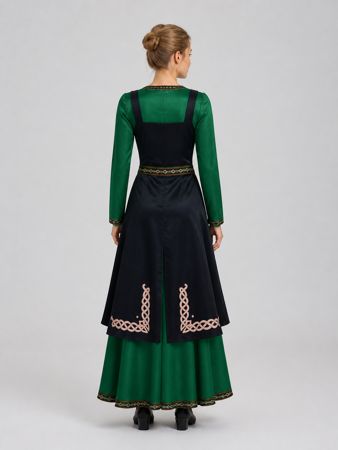 Medieval Renaissance-Style Dress with Pattern and Apron back view
