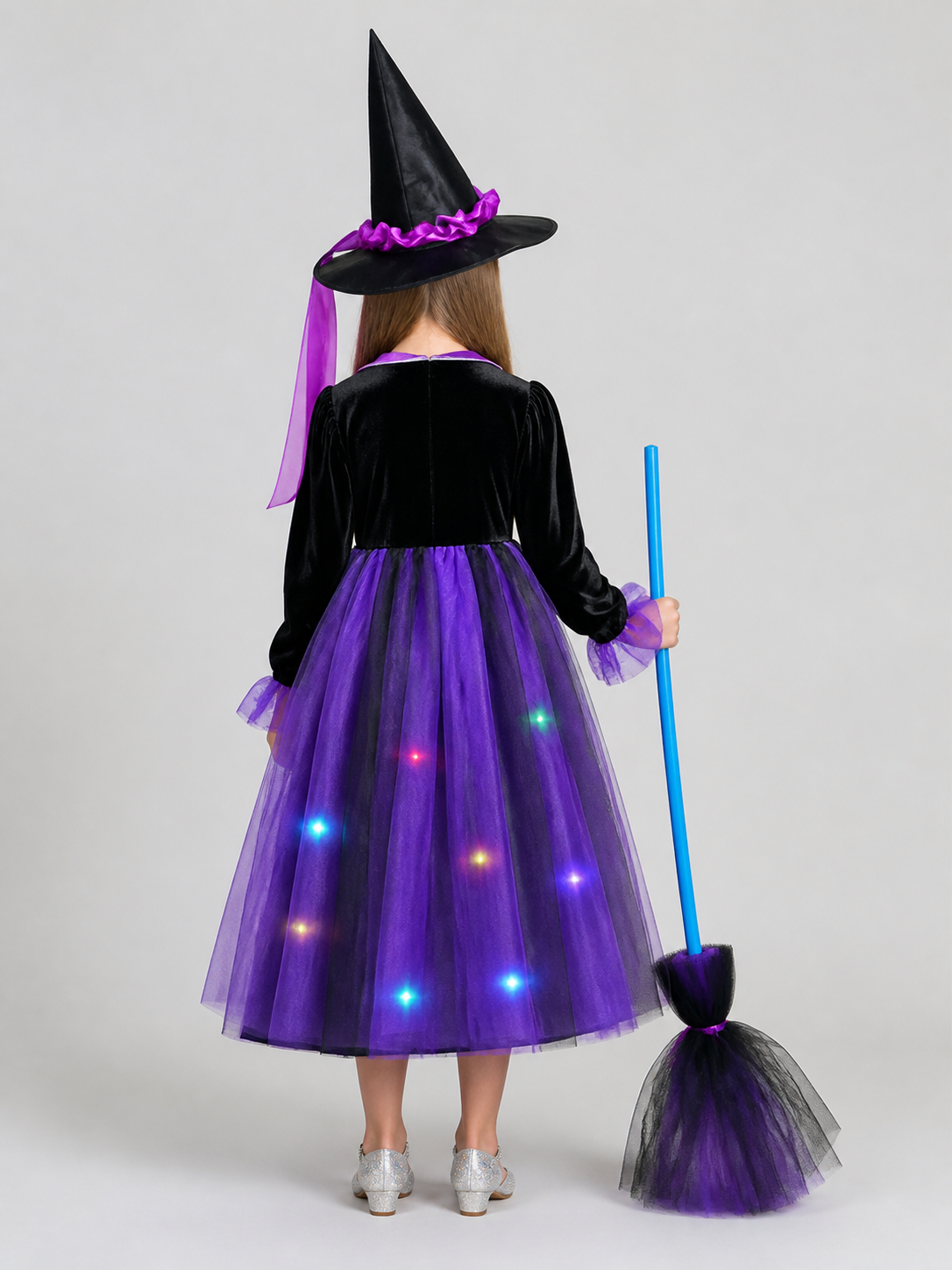 Light-Up Witch Costume: Dress, Hat, and Broom back view