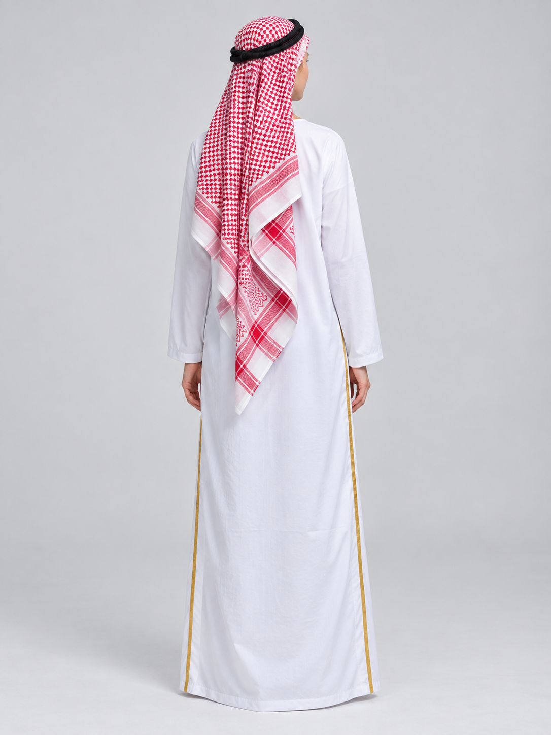 Costume with a red-and-white scarf and gold trim