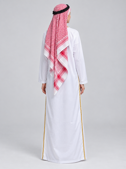 Costume with a red-and-white scarf and gold trim