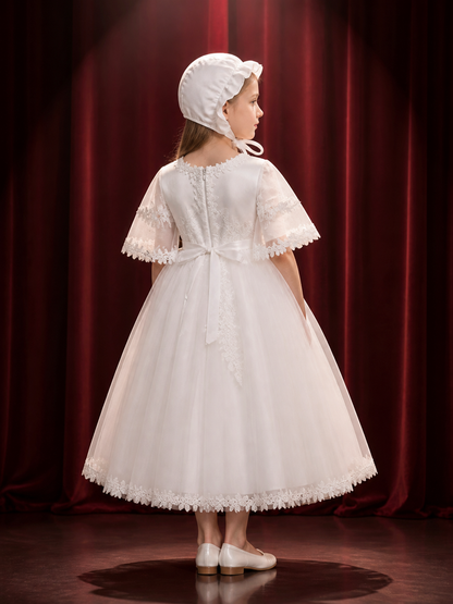 Baby Girls' White Princess Dress With Floral Trim And Ruffle Hat, Outfit Set back view