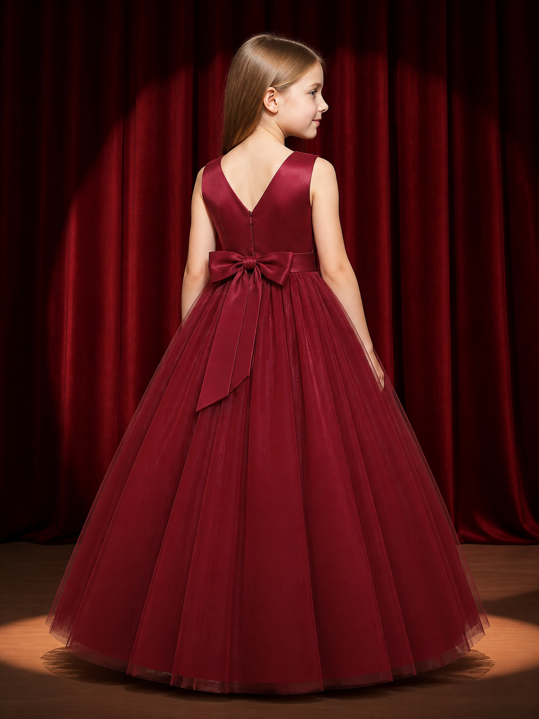 Girls' Maroon Princess Dress, V-Neck Sleeveless Tulle Ball Gown With Bow back view