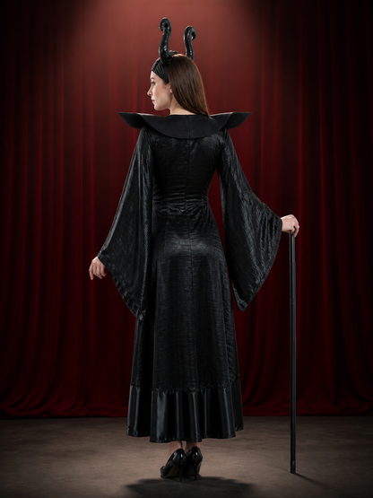 Black Witch Costume Set with Hat, Long Sleeve Flare Dress back view