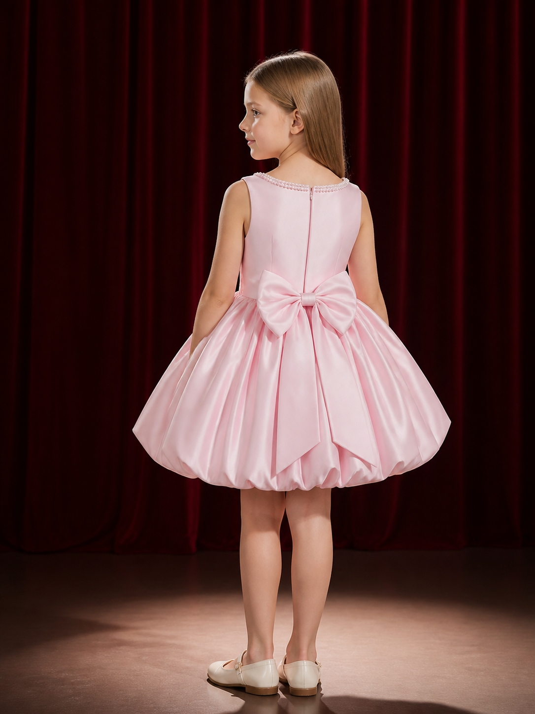 Girls' Pink Princess Dress, Sleeveless Pearl Neckline and Bow Back, Pleated Full back view