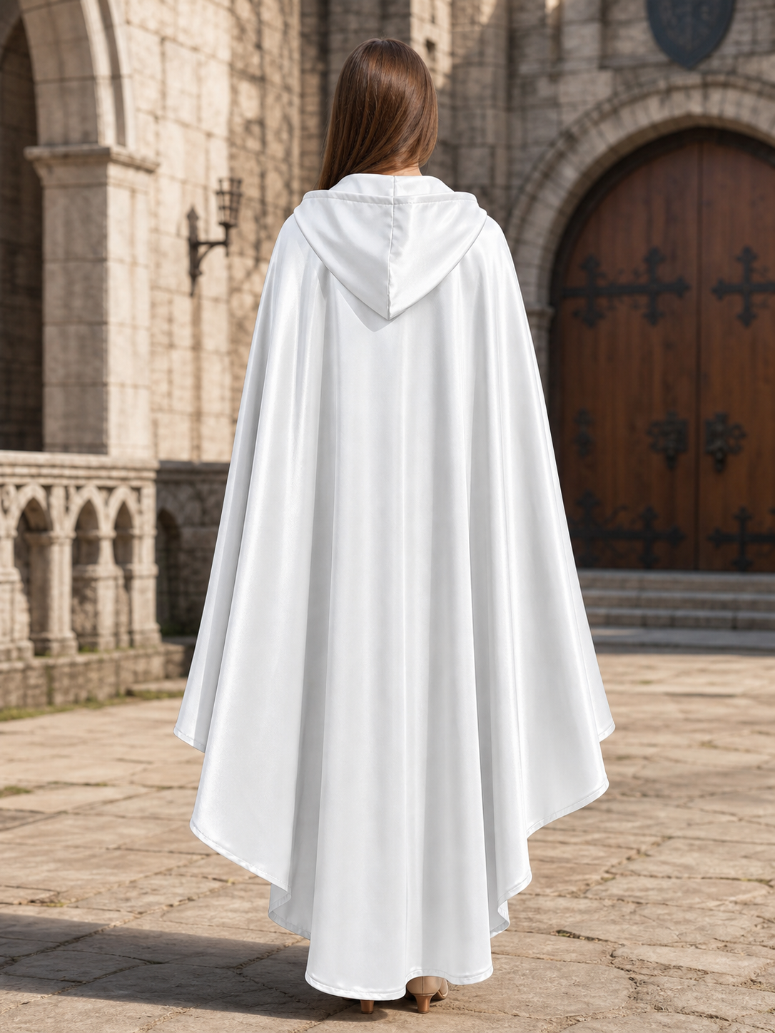 Long white hooded satin-look carnival cape product view 50