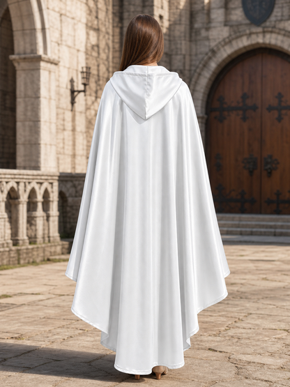 Long white hooded satin-look carnival cape product view 50
