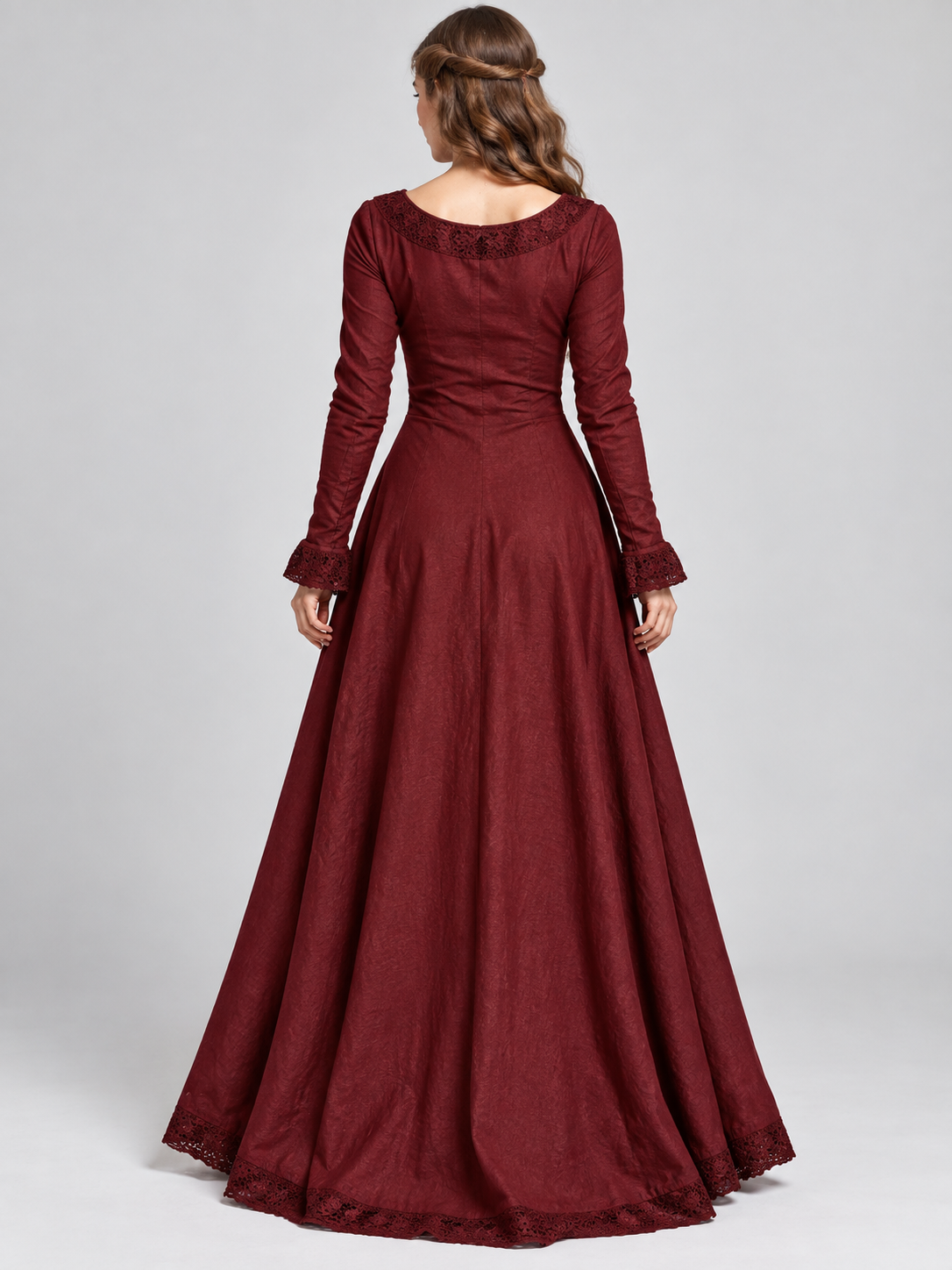 Vintage Burgundy Dress with Lace Trim and Full Skirt