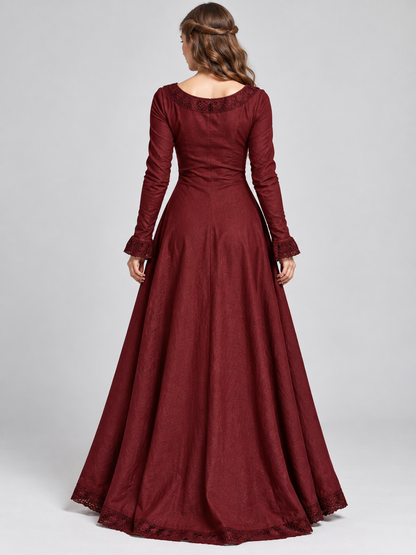 Vintage Burgundy Dress with Lace Trim and Full Skirt