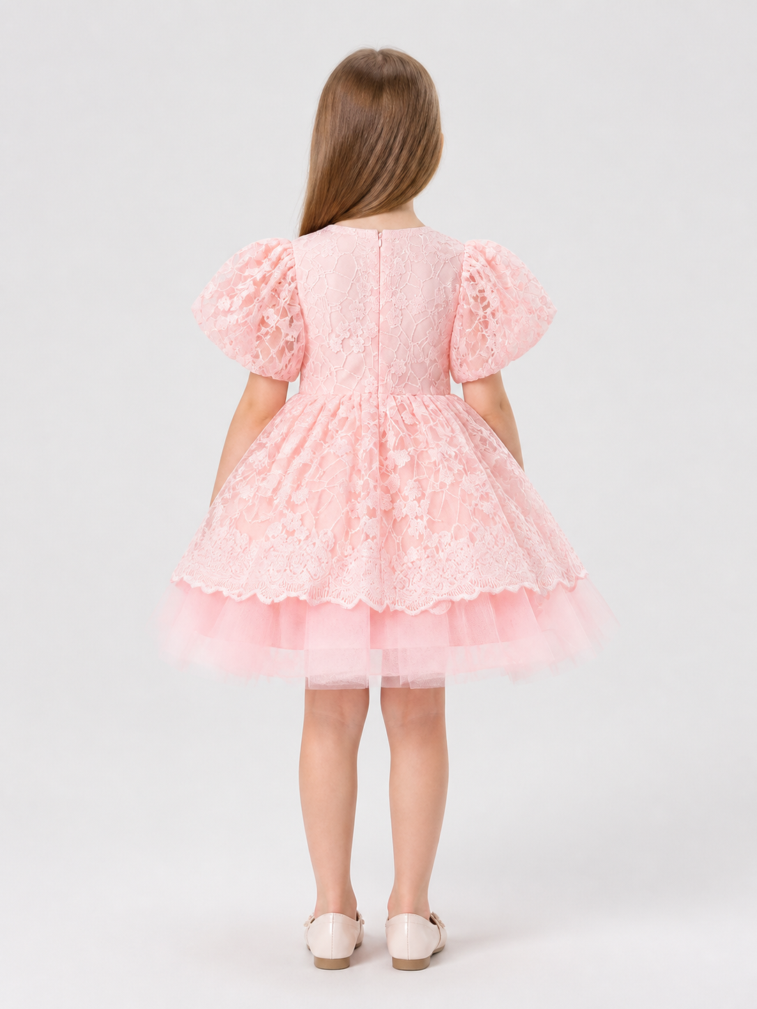 Girls' Princess Dress with Lace and Full Skirt back view