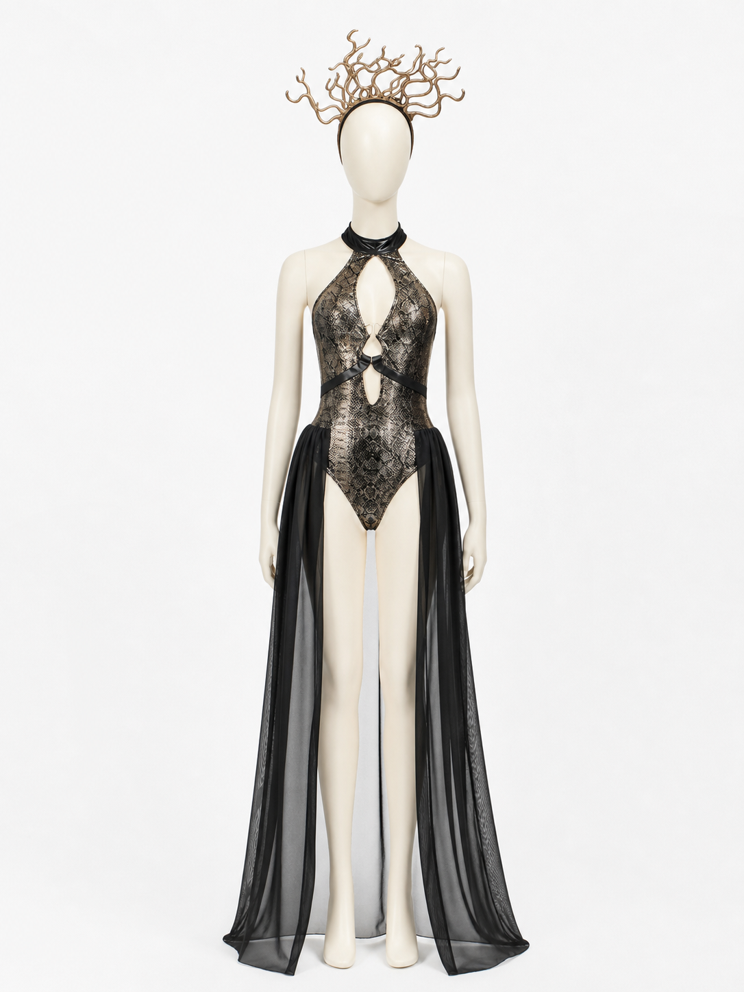 Egyptian Queen Bodysuit Costume With Cutout Design, Headpiece And Sheer Side back view