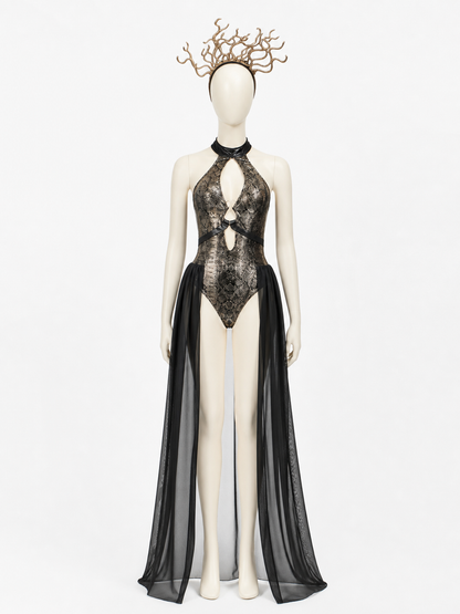 Egyptian Queen Bodysuit Costume With Cutout Design, Headpiece And Sheer Side back view