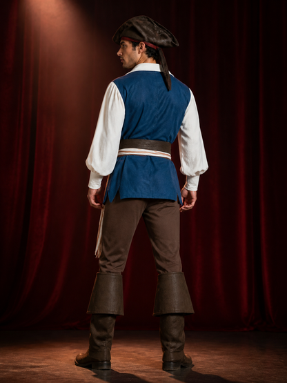 Adult Pirate Costume Set With Hat, Vest, Shirt, Pants, Belt And Boot Covers back view