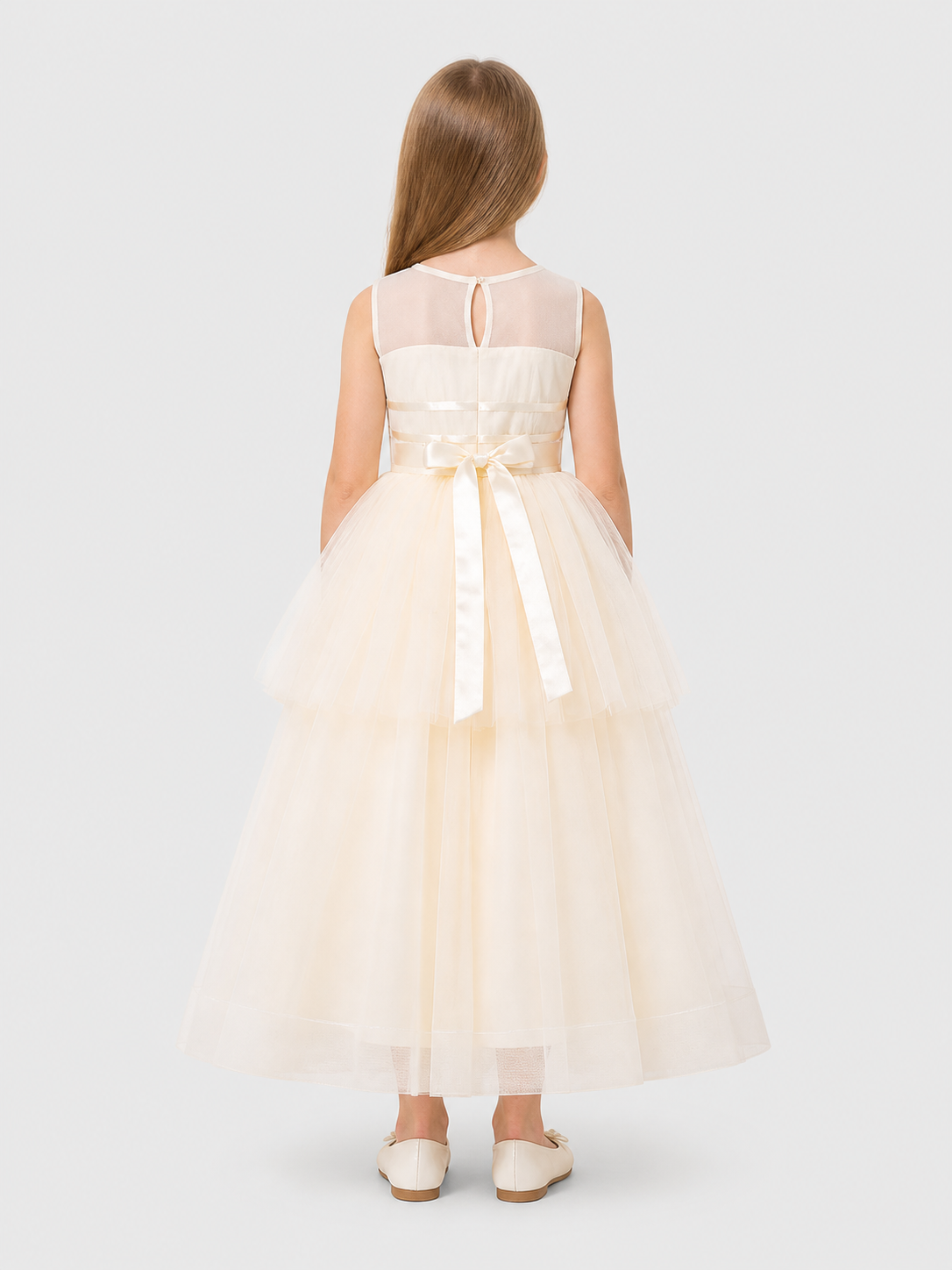 Long Layered Tulle Princess Dress with Bow back view