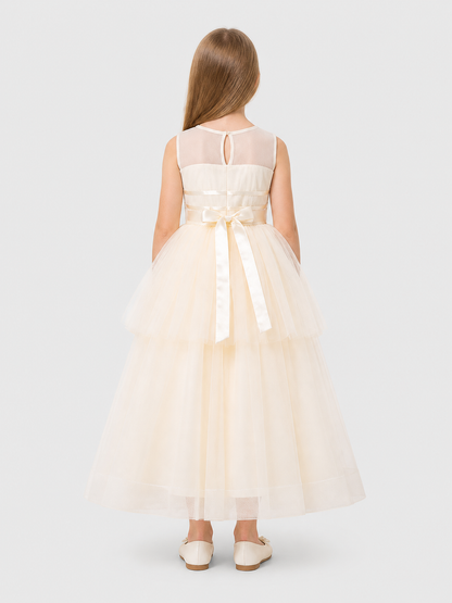 Long Layered Tulle Princess Dress with Bow back view