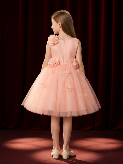 Baby Girls' Pink Princess Tulle Dress With 3D Flower Decorations back view