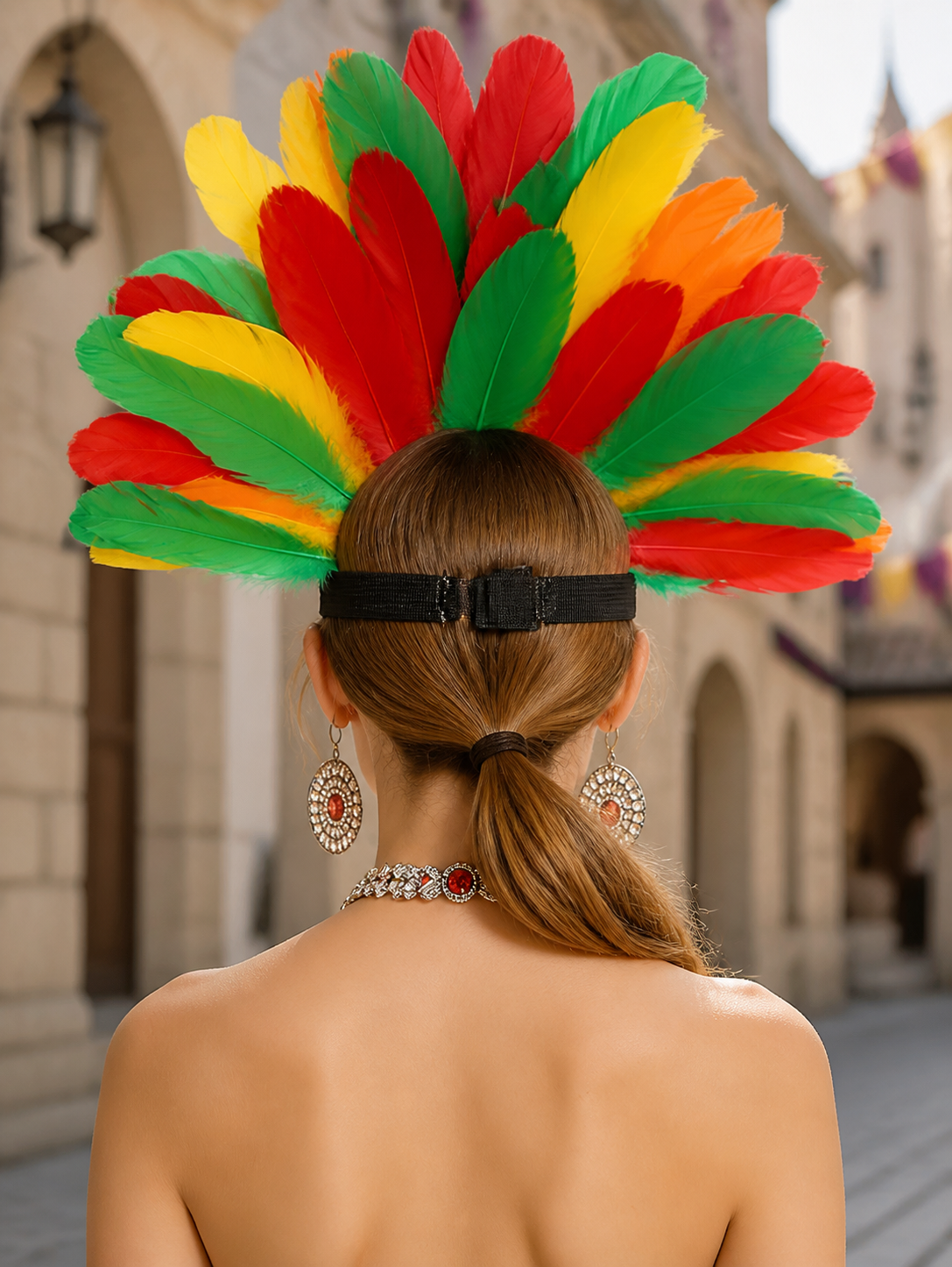 Carnival Headpiece with Multicolored Feathers back view 6