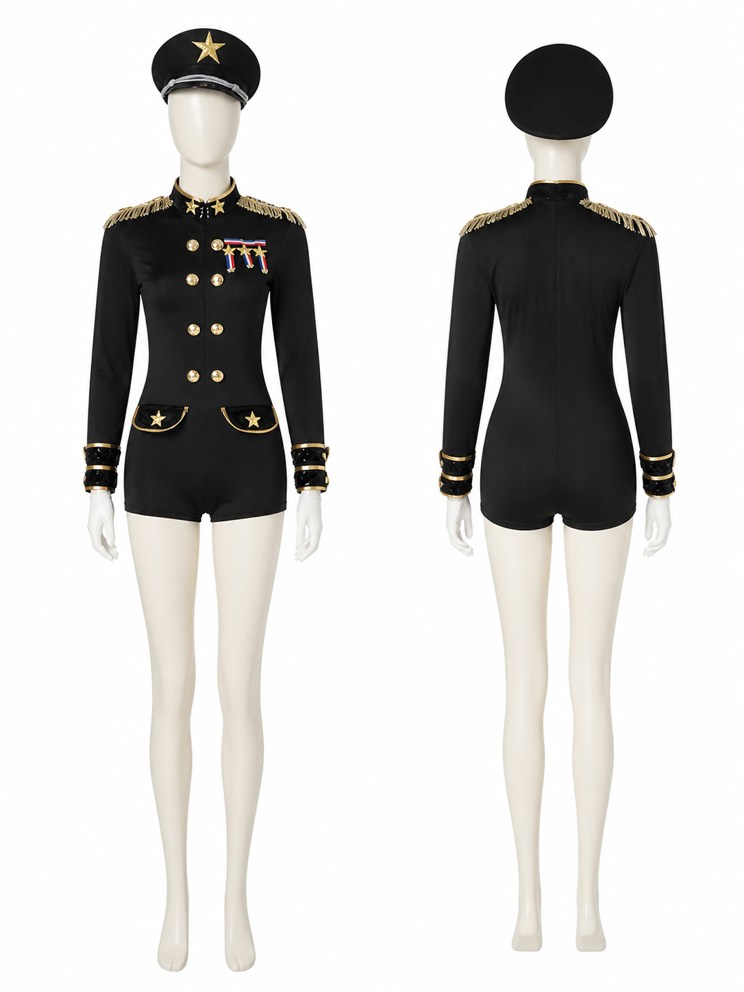 Women's Police Officer Costume, Gold Trim Jumpsuit with Hat and Gloves back view